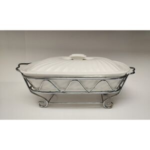 Godinger Rare Vintage 2 Quart Rectangular Covered Porcelain Baker W/Serving Rack